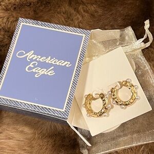 American Eagle Hoops Pearl Studded Earrings Post Gold Tone Hoop